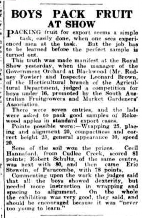 BOYS PACK FRUIT AT SHOW. (1929, September 21). The Register News-Pictorial (Adelaide, SA : 1929 - 1931), p. 16. Retrieved June 17, 2013, from http://nla.gov.au/nla.news-article53446847