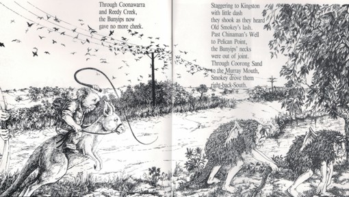 this page from the book shows Smokey on Champ his kangaroo, chasing the bunyips