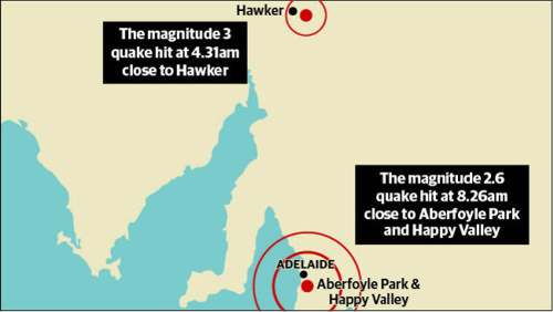 A graphic showing the epicentres of the quakes that hit South Australia. Source: The Advertiser 