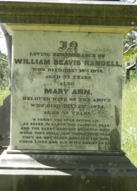 William Beavis Randell's gravestone at Salem Baptist Church, Gumeracha. Note, his 1st wife is remember on the headstone too!