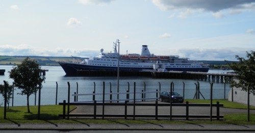 view of the Marco Polo from on shore at Invergordon