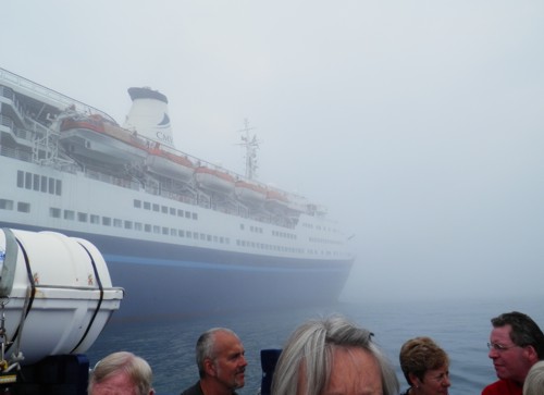 the Marco Polo fades into the misty morning at the Isle of Scilly