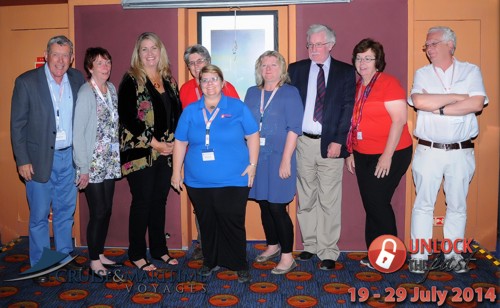 the speakers on the 5th Unlock the Past Cruise L-R: Mike Murray, Lesley Silvester, Lisa Loise Cooke, Rosemary kopittke (behind), Helen Smith, Marie Dougan, Sean Ó Dúill, Eileen Ó Dúill, Paul Blake. Missing from the photo is Jackie Depelle
