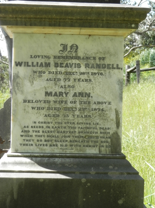 inscription of W.B. Randell's headstone - taken April 2013