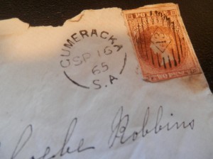 a letter addressed to Phebe Robbins. Postmarked at Gumeracka in 1865.