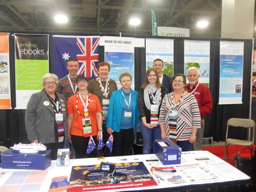9 of the 15 Aussies at RootsTech 2015 L-R: Jill Ball, Frank Constable, Alona Tester, Pauleen Cass, Heather Garnsey, Caitlin Gow, Martyn Killion, Jenny Joyce and Alan Philips