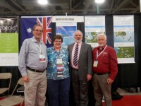 Dick Eastman, Cyndi Ingle, Paul Milner and Alan Phillips at the Unlock the Past Cruises stand at RootsTech 2015