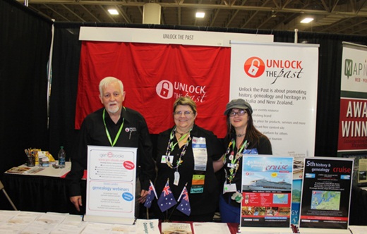 the Unlock the Past Cruises stand at RootsTech in 2013:Alan Phillips, Helen Smith and me (Alona Tester)