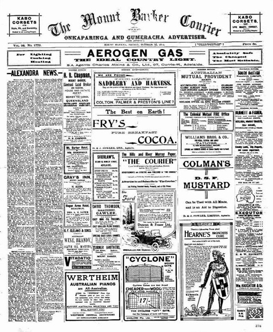 Mount Barker Courier front cover 23 October 1914