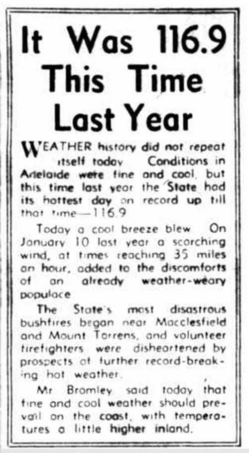 It Was 116.9 This Time Last Year. (1940, January 10). News (Adelaide, SA : 1923 - 1954), p. 5. Retrieved December 18, 2015, from http://nla.gov.au/nla.news-article131551907