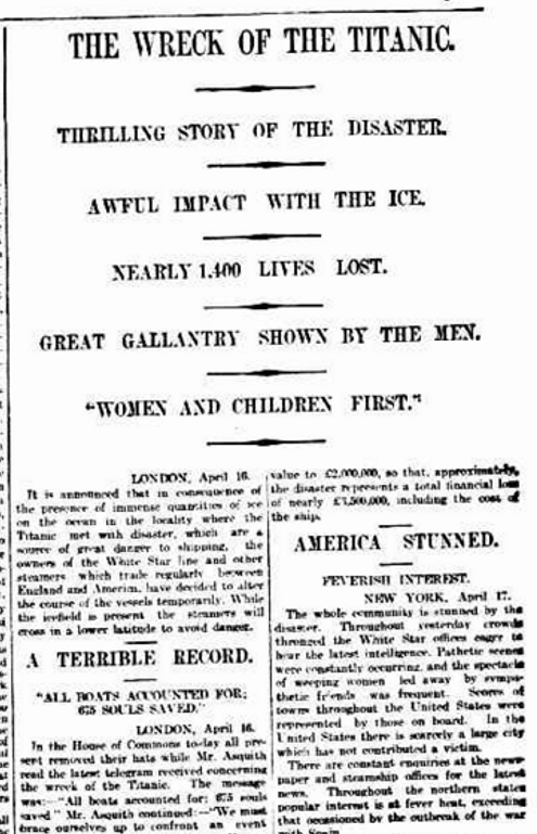 The Wreck of the Titanic, (18 April 1912, The Advertiser , p. 9.) http://nla.gov.au/nla.news-article5336985