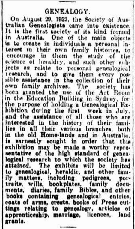 Newcastle Morning Herald and Miners' Advocate, GENEALOGY. 14 june 1934, p. 6 2017 http://nla.gov.au/nla.news-article135107397